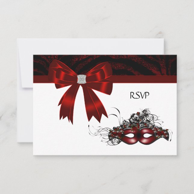 Tarjeta de respuesta para fiesta de máscaras roja (Anverso)