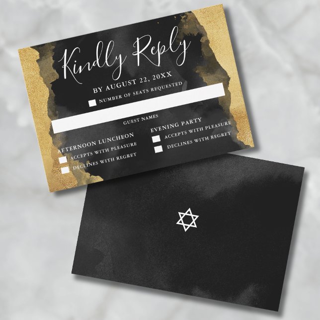 Tarjeta de respuesta para invitación de Mitzvah co (Gold Watercolor Bar Bat Mitzvah Reply RSVP Card)