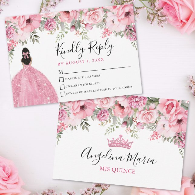 Tarjeta de Respuesta para Quinceañera Rosa Floral  (Floral Blush Pink Quinceanera RSVP )