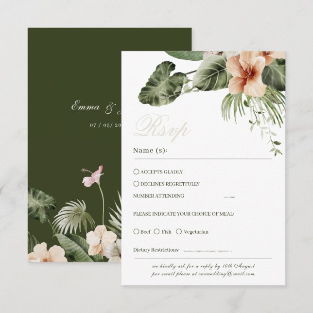 Tarjeta de respuesta pastel de hibisco boho tropic (Anverso / Reverso)
