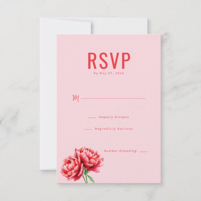 Tarjeta de respuesta Peonía Rosa Elegante (Anverso)