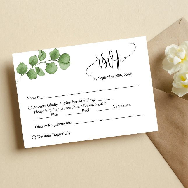 Tarjeta de Respuesta Personalizada de Bodas con Ho (Simple eucalyptus leaves custom RSVP card keeps responses organized with a fresh natural feel)