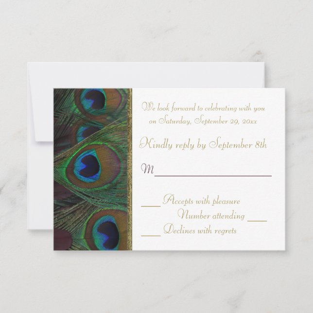 Tarjeta de respuesta Plum, Gold Peacock Feathers (Anverso)