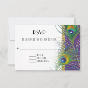 Tarjeta de respuesta Púrpura RSVP Peacock Feathers