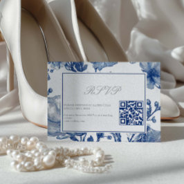 Tarjeta de respuesta QR code de boda en plata y az
