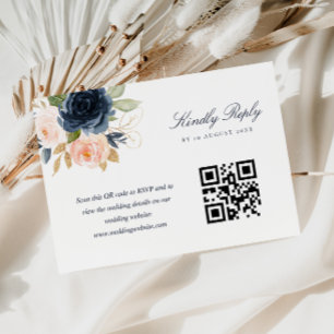 Tarjeta de respuesta QR con flores rosadas y azul 