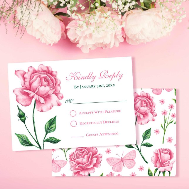 Tarjeta de respuesta Quinceañera Rosa Rubor (Blush Pink Rose Quinceañera Response Card)