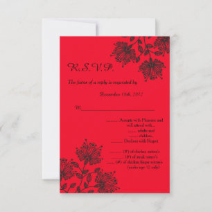 Tarjeta de respuesta R.S.V.P. floral roja y negra 