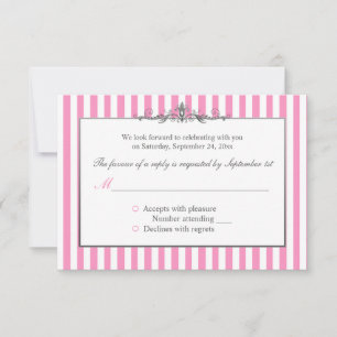 Tarjeta de respuesta rayada rosa, blanca y platead