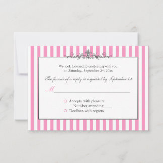Tarjeta de respuesta rayada rosa, blanca y platead