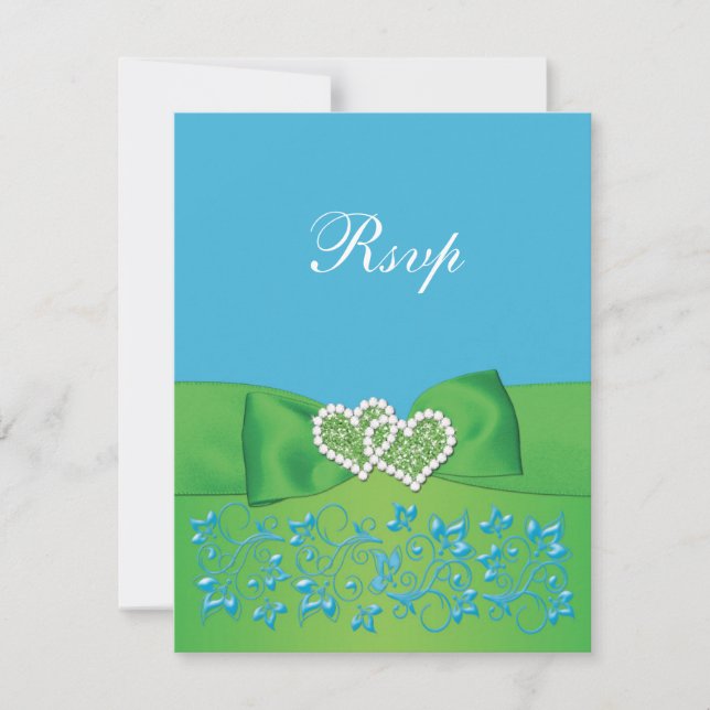 Tarjeta de respuesta RIBBON Blue Green Floral Hear (Anverso)