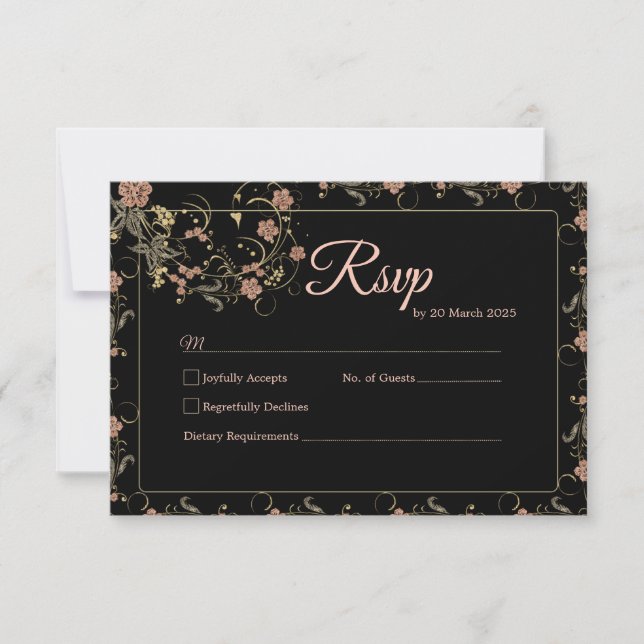 Tarjeta de respuesta romántica de Boda negro y ros (Anverso)