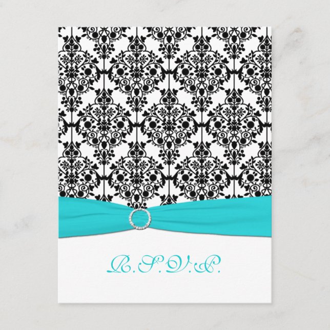 Tarjeta de respuesta RSVP Aqua, Blanco, Negro Dama (Anverso)