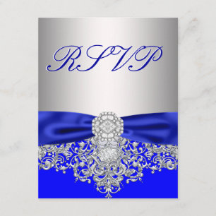 Tarjeta de respuesta RSVP azul real y plata