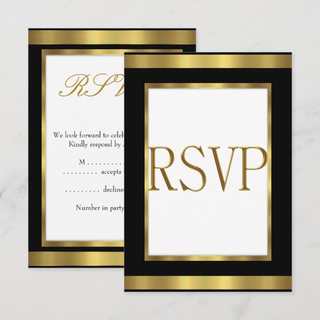 Tarjeta de respuesta RSVP Black Gold White Todos l (Anverso / Reverso)