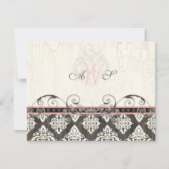 Tarjeta de respuesta RSVP (Black 'n White Damask)  (Anverso)