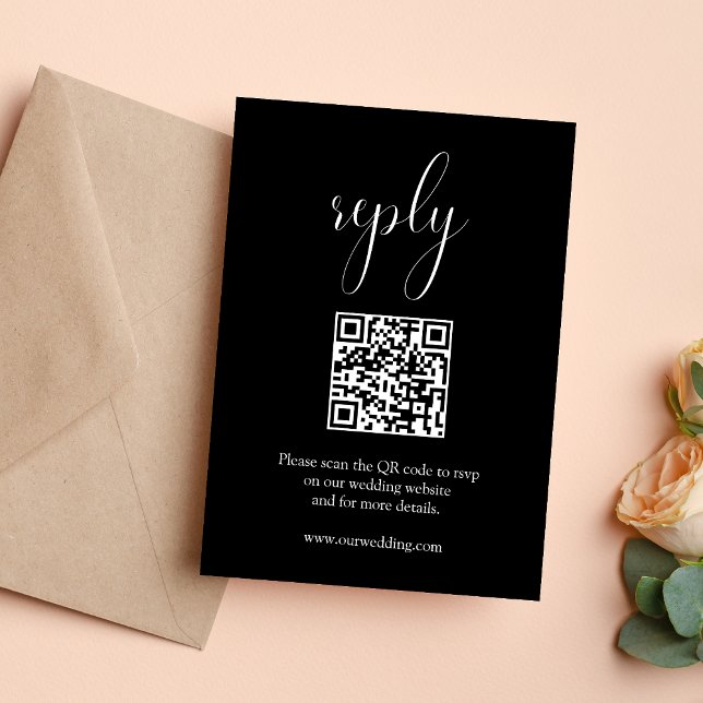 Tarjeta de respuesta RSVP con código QR para boda  (Elegant black QR code RSVP card makes responses seamless while elevating your wedding style)