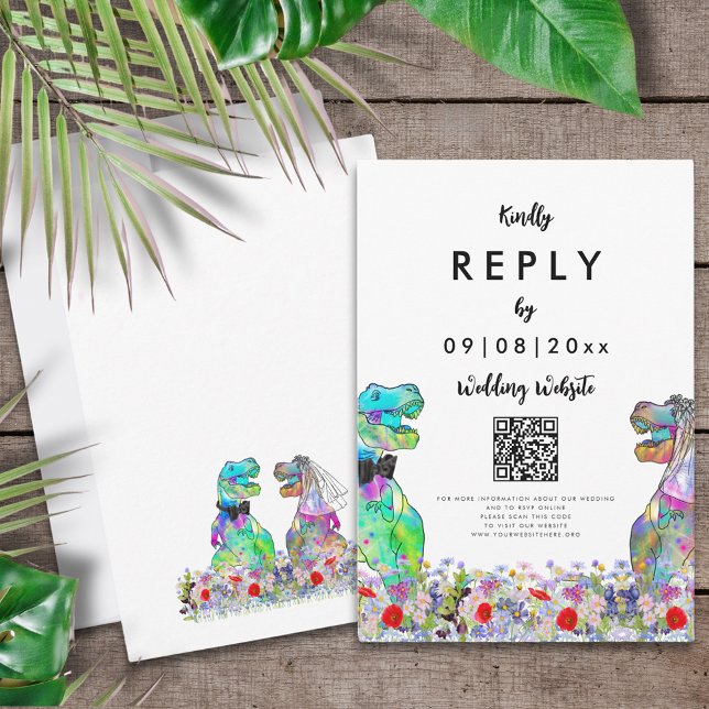 Tarjeta de respuesta RSVP con código QR para sitio (T-Rex bride and groom colorful wildflowers dinosaur wedding website QR code reply enclosure card)
