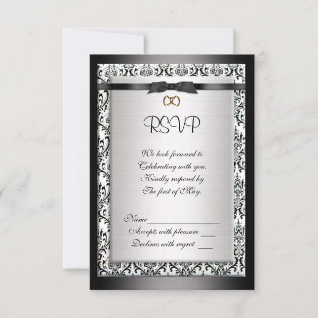 Tarjeta de respuesta Rsvp Damask en blanco y negro (Anverso)