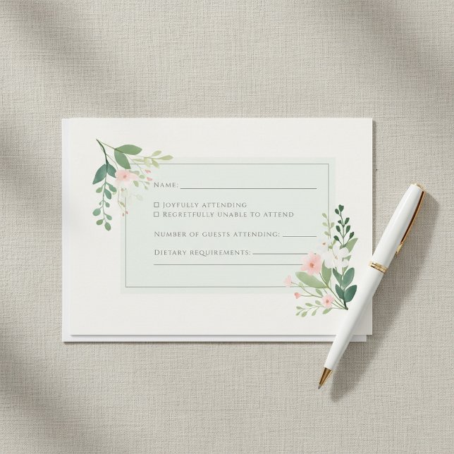 Tarjeta de respuesta RSVP de acuarela floral verde (Soft green watercolor Floral RSVP Response Card.)
