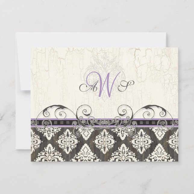 Tarjeta de respuesta RSVP de Black 'n White Damask (Anverso)