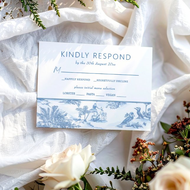 Tarjeta de respuesta RSVP de Blue Coastal Toile We (Subido por el creador)
