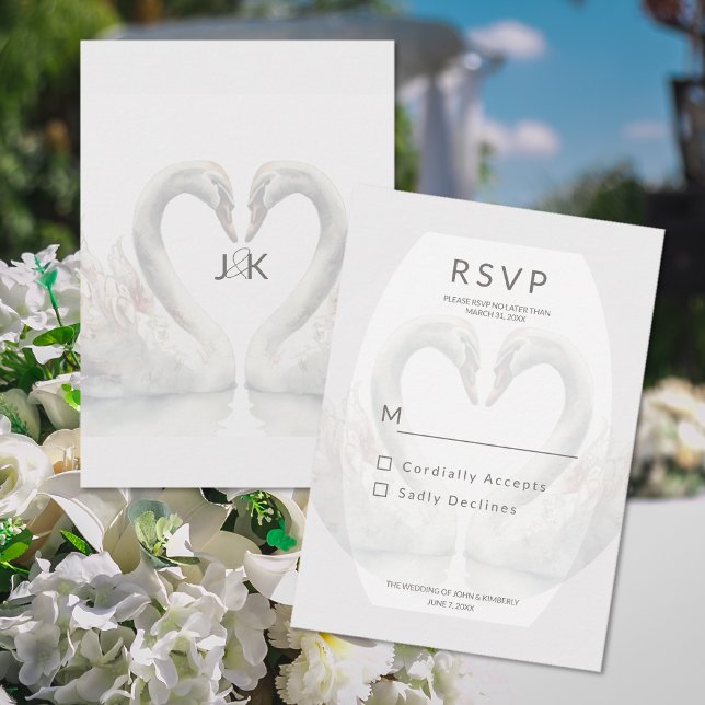Tarjeta de respuesta RSVP de Boda Cisne Romántica (Romantic Swan Wedding RSVP Response Card (front and back))