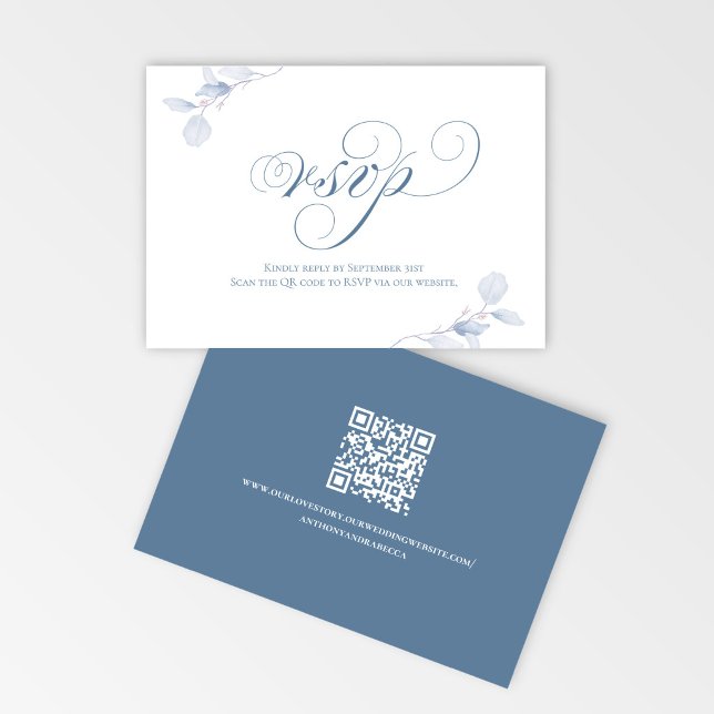 Tarjeta de respuesta RSVP de boda con código QR de (Double sided dusty blue RSVP card with website link and modern QR code design)