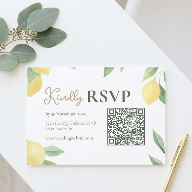Tarjeta de respuesta RSVP de boda con código QR de (Lemon Citrus QR Code Wedding RSVP Card)