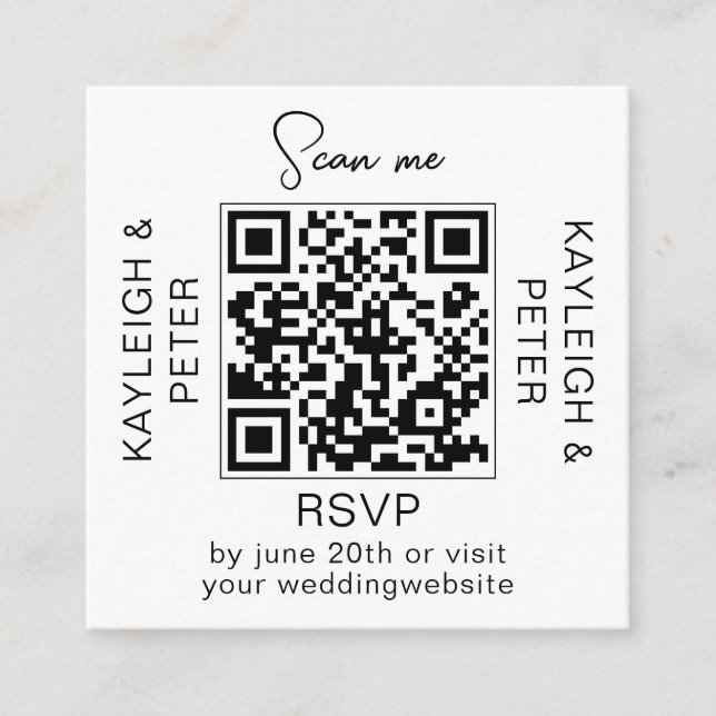 Tarjeta de respuesta RSVP de boda con código QR y  (Anverso)