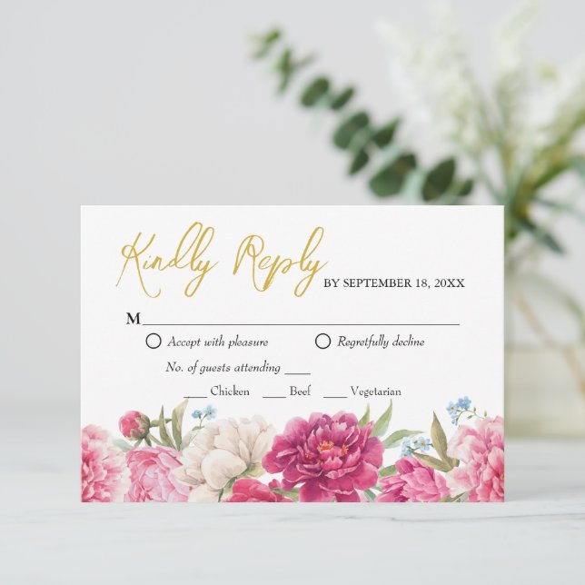 Tarjeta de respuesta RSVP de boda con flores de pe (Anverso de pie)