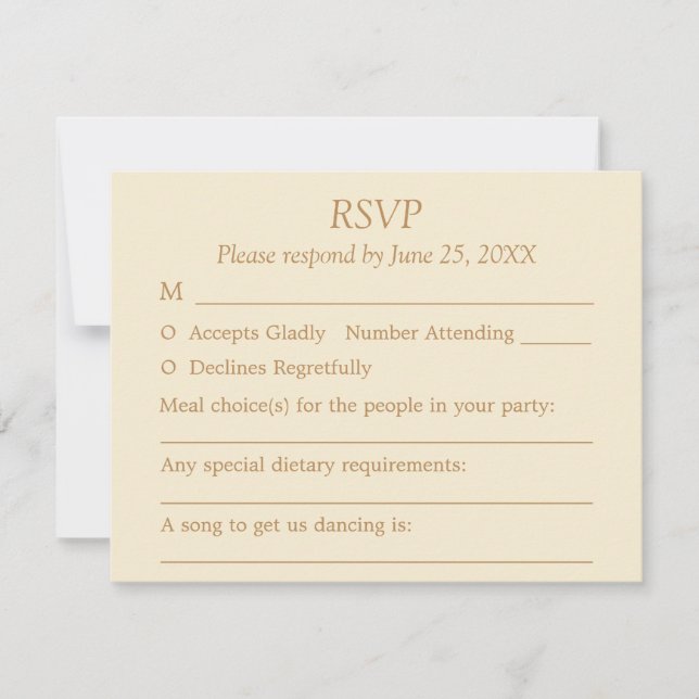 Tarjeta de respuesta RSVP de boda Cream Golden Bei (Anverso)