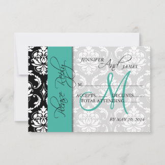 Tarjeta de respuesta RSVP de boda Damask Turquesa