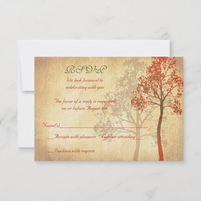 Tarjeta de respuesta RSVP de boda de árbol de otoñ (Anverso)
