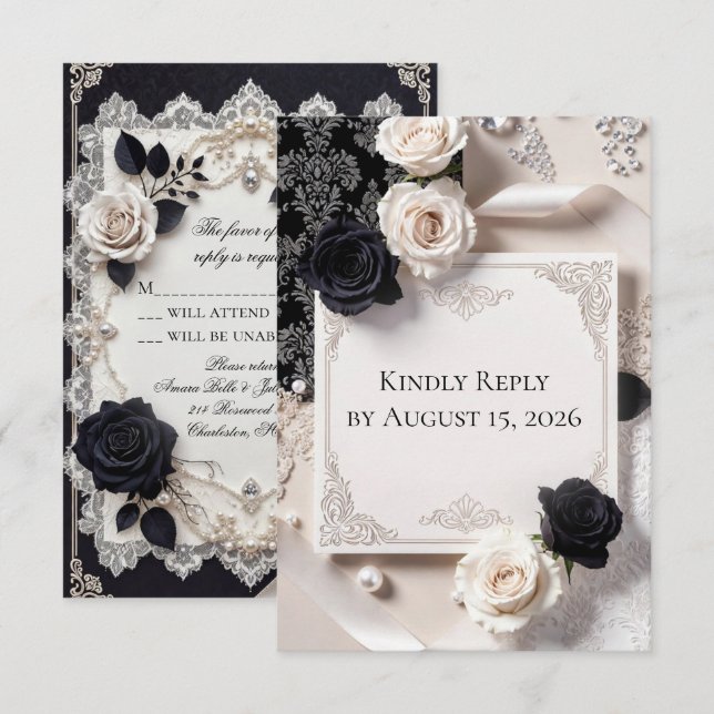 Tarjeta de respuesta RSVP de boda de encaje blanco (Anverso / Reverso)