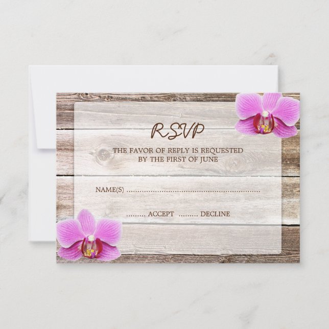Tarjeta de respuesta RSVP de Boda de Madera Orquíd (Anverso)