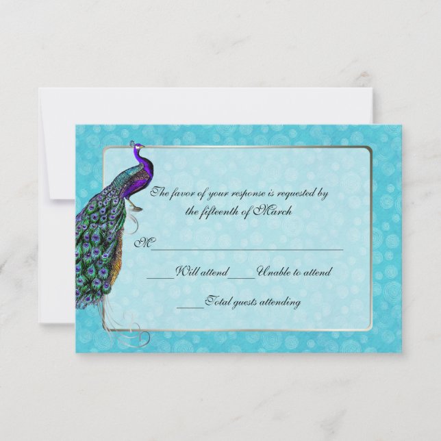 Tarjeta de respuesta RSVP de Boda de pavo real col (Anverso)