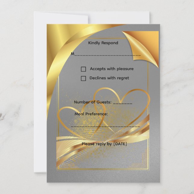 Tarjeta de respuesta RSVP de boda dorada elegante  (Anverso)