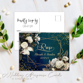 Tarjeta de respuesta RSVP de boda en oro verde esm