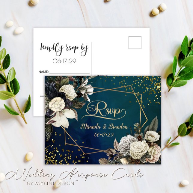 Tarjeta de respuesta RSVP de boda en oro verde esm (Subido por el creador)