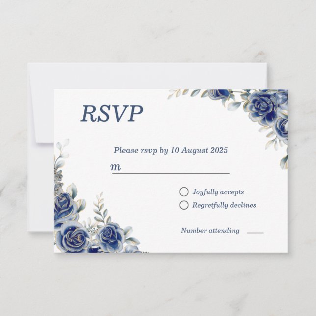 Tarjeta de respuesta RSVP de Boda Floral Azul (Anverso)