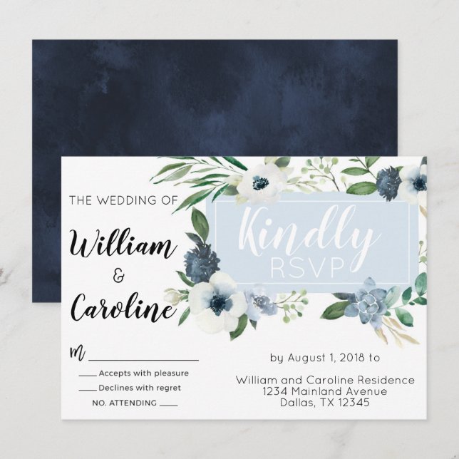 Tarjeta de respuesta RSVP de Boda Floral Azul Anem (Anverso / Reverso)