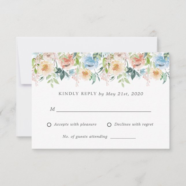 Tarjeta de respuesta RSVP de Boda Floral Azul de P (Anverso)
