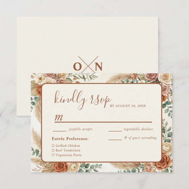 Tarjeta de respuesta RSVP de boda floral boho rúst (Anverso / Reverso)