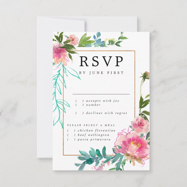 Tarjeta de respuesta RSVP de boda floral rosa dora (Anverso)