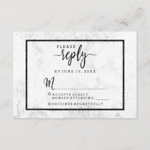 Tarjeta de respuesta RSVP de boda mármol gris y bl