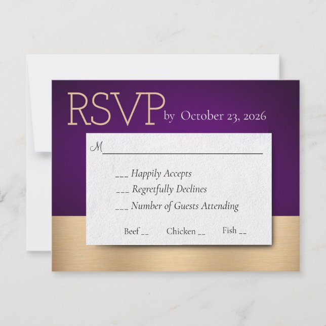 Tarjeta de respuesta RSVP de Boda Púrpura y Oro (Anverso)