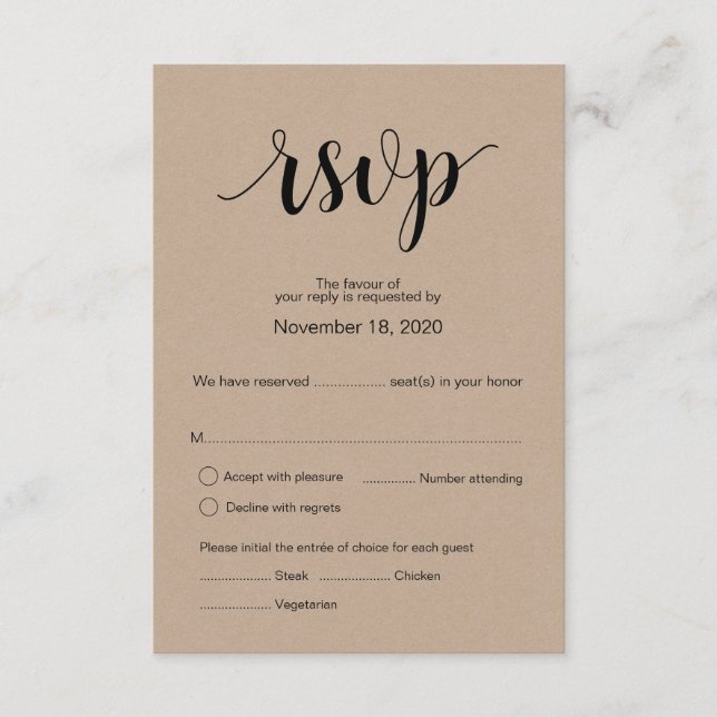 Tarjeta de respuesta Rsvp de boda Rustic Kraft mod (Anverso)