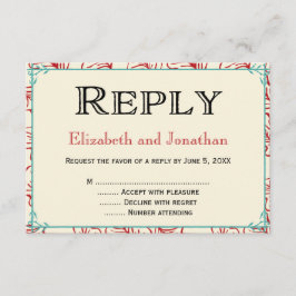 Tarjeta de respuesta RSVP de boda rústica roja y t