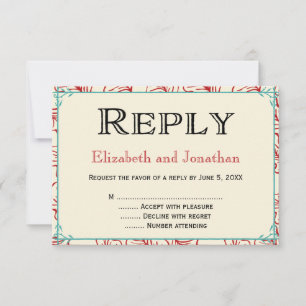 Tarjeta de respuesta RSVP de boda rústica roja y t